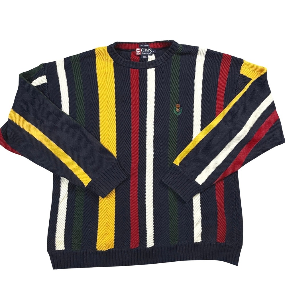 Chaps Ralph Lauren Mens‎ Large Striped Cotton Knit Sweater Navy Red Yellow Crest